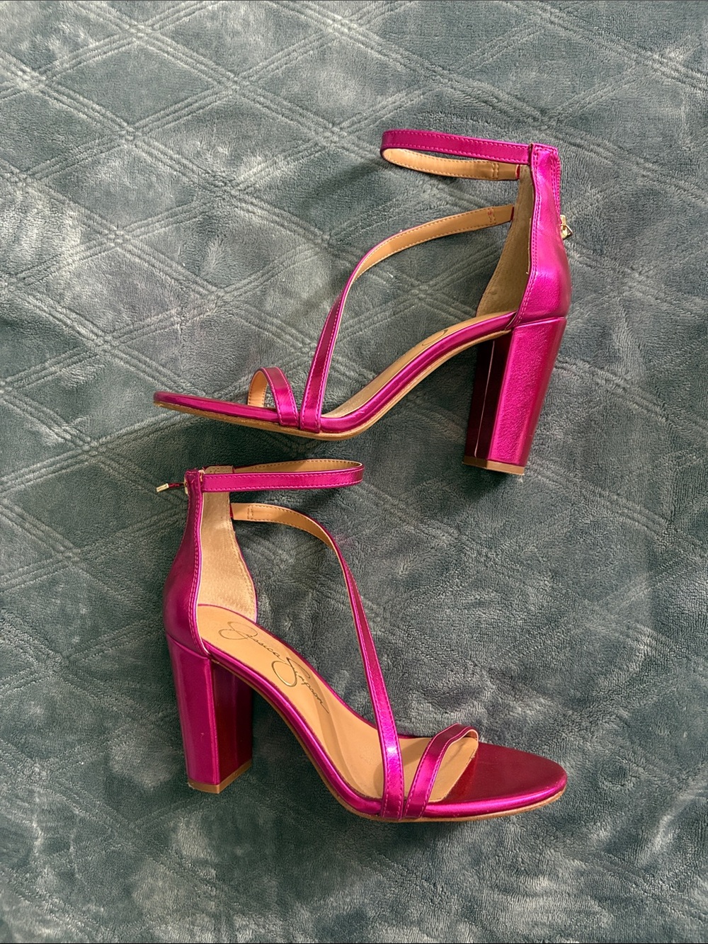 Jessica Simpson Metallic Fuchsia Strappy Block Heel Sandals